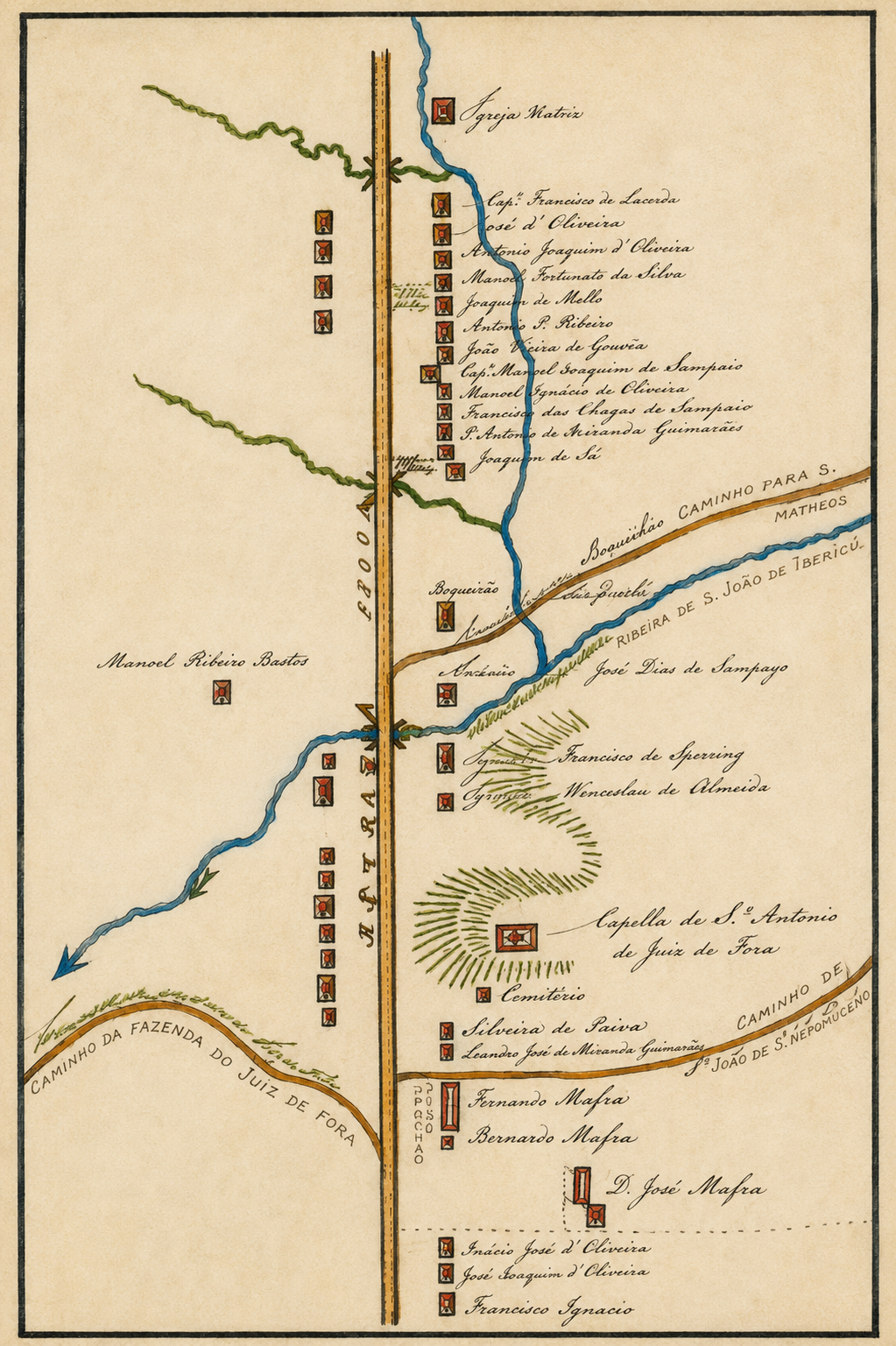 Mapa de partilha das terras de Antônio Dias Tostes, feito por Halfeld em 28 de março de 1844. Conforme registrado na planta eram proprietários ou moradores da nova povoação: Antônio Dias Tostes filho, Manuel Dias Tostes, Manuel Ribeiro Tostes (com três casas), Josué Antônio de Queiroz, Carlos Justiniano de Freitas (com três casas), Martiniano Peixoto, Francisco Pereira de Assunção (feitor, com duas casas), entre outros. O engenheiro Halfeld, casado com Cândida Maria Carlota, filha do tenente Antônio Dias Tostes, residia na Fazenda Velha do Juiz de Fora, do outro lado do rio Paraibuna. Acervo Pedro Lorenzo Raggio Neto.